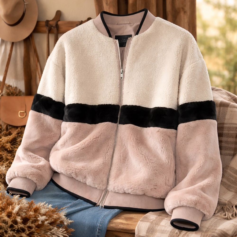 NWT Sanctuary Blockparty Faux Fur Colorblock Bomber Jacket S Plush Cozy